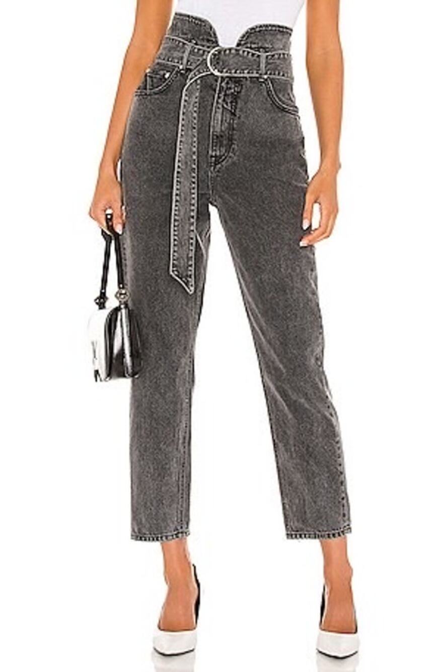 GRLFRND Dee Rumor Has It Washed Black Paperbag Belted High Rise Tapered Jeans 25